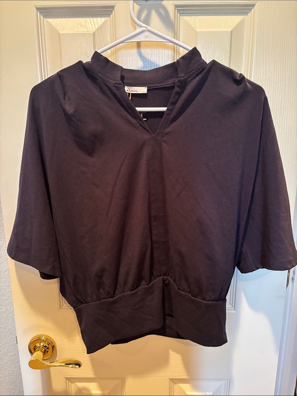 NWT OGLmove Stand Collar V-Neck Short Sleeve Top Navy Blue Blouse